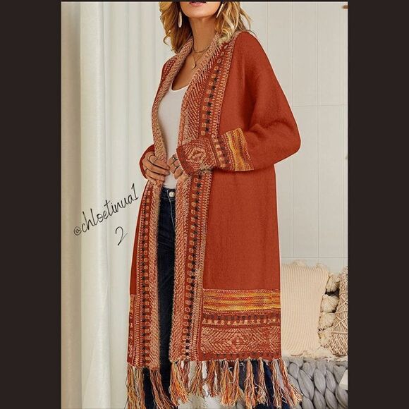 NEW Bohemian Tribal Fringe Cardigan With Pockets - Picture 3 of 10